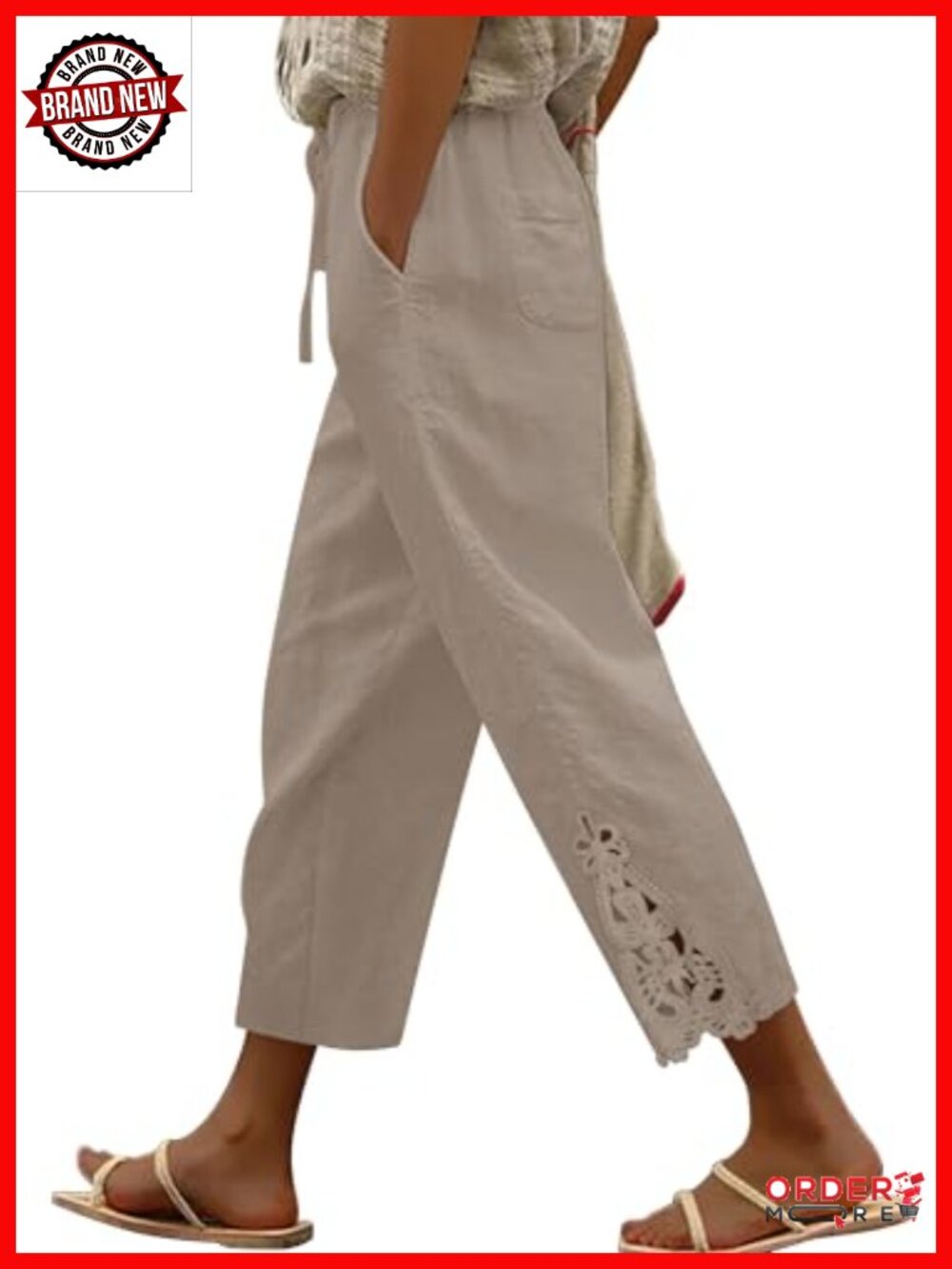 Womens Cotton Linen Pants Lightweight Drawstring Elastic Waist Trousers with